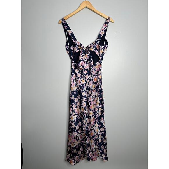 Lulus Women's Admirable Charmer Navy Blue Floral Satin Tie-Back Midi Dress S‎ - Picture 13 of 15